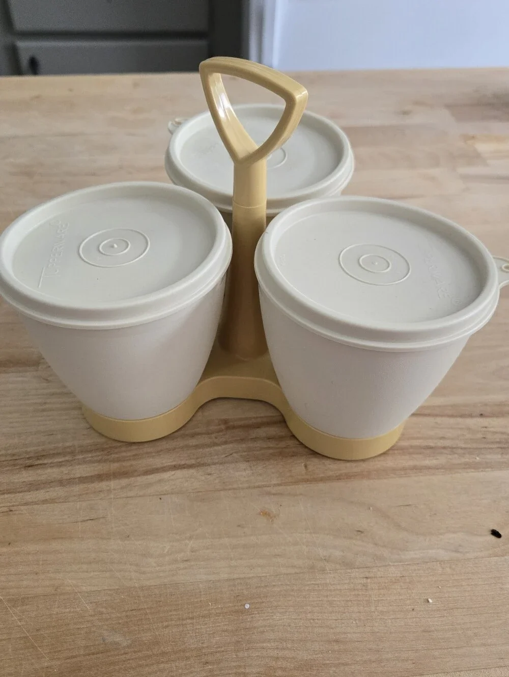 Vintage Tupperware condiment caddy,  featuring almond-colored cups. Gold Caddy